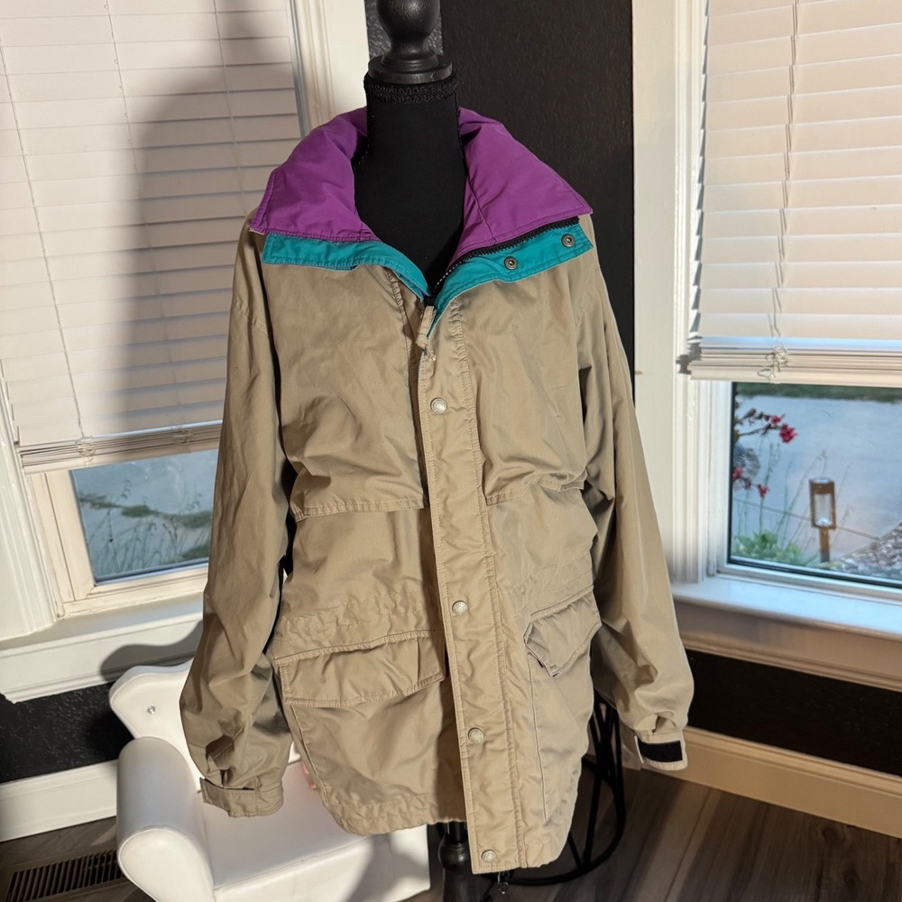 Vintage Eddie Bauer Gore-Tex Mountain Parka Jacket Mens Large Tan Purple Teal